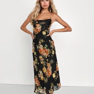 Lulu's Black and Gold Halter Sundress Midi